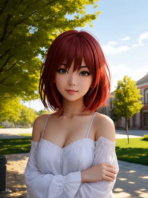 portrait, red head sonicedges_rias_gremory,extremely detailed face,outdoors,cloudy weather,Trees,flowers,summer,(off shoulder),