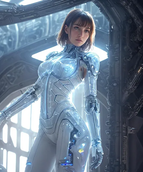 biomechanicle lean female semi-cyborg,(full body),(weared in (translucent:1.2) organza | with silicon skin | iron details | iron cyborg skeleton body), close-up, (highly detailed spaceship | sci-fi) environment, (majestic epic composition | dynamic pose), depth of field, medium shot, ( (warm light:1.4) | (rim light:1.5) ), cinematic, (highly detailed | Maximum clarity and sharpness)