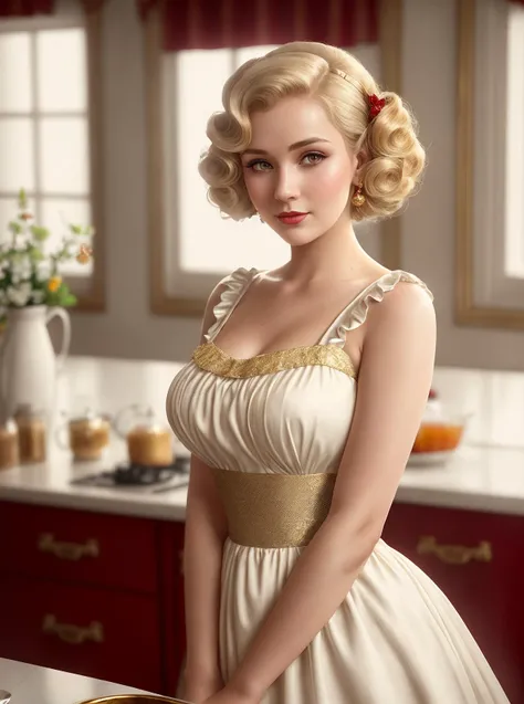 wearing a milk maid dress, (red and gold milk maid dress), (upright pin curl hairstyle), (blonde hair), (kitchen background), elegant, highly detailed, digital painting, smooth,charlie bowater and alexandra fomina,8k,((detailed facial features)),((sweaty)),8k uhd,dslr,soft lighting,high quality,film grain,Fujifilm XT3,