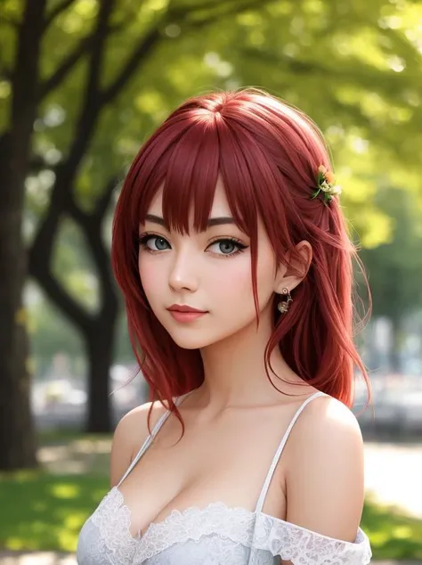portrait, red head sonicedges_rias_gremory,extremely detailed face,outdoors,cloudy weather,Trees,flowers,summer,(off shoulder),