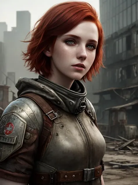 a close up portrait photo of girl in wastelander clothes,redhair,short haircut,pale skin,slim body,background is city ruins,(high detailed skin:1.2),8k,soft lighting,high quality, photorealistic