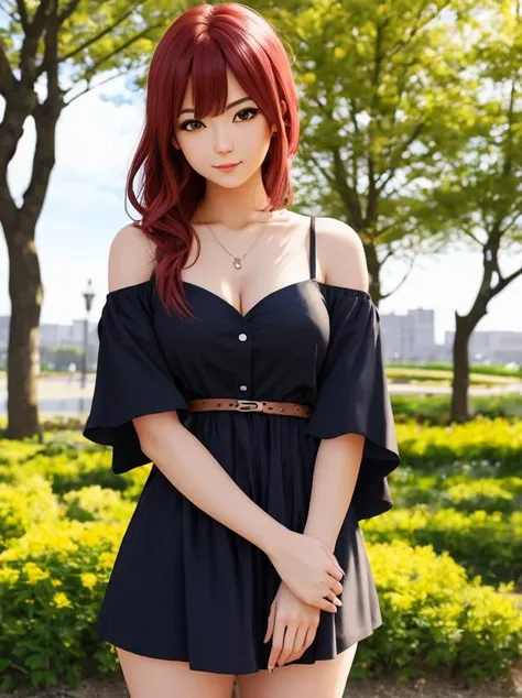 portrait, red head sonicedges_rias_gremory,extremely detailed face,outdoors,cloudy weather,Trees,flowers,summer,(off shoulder),