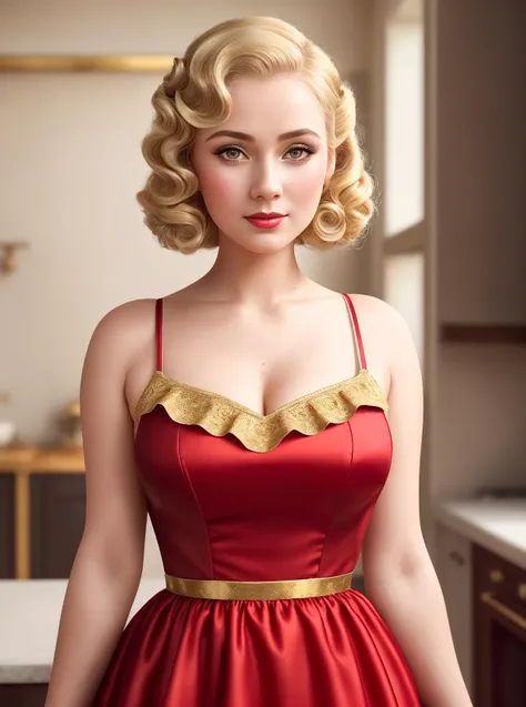 wearing a milk maid dress, (red and gold milk maid dress), (upright pin curl hairstyle), (blonde hair), (kitchen background), elegant, highly detailed, digital painting, smooth,charlie bowater and alexandra fomina,8k,((detailed facial features)),((sweaty)),8k uhd,dslr,soft lighting,high quality,film grain,Fujifilm XT3,