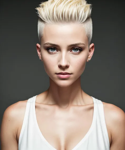 a 42 yo woman, blonde, (hi-top fade:1.3), dark theme, soothing tones, muted colors, high contrast, (natural skin texture, hyperrealism, soft light, sharp)