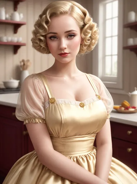 wearing a milk maid dress, (red and gold milk maid dress), (upright pin curl hairstyle), (blonde hair), (kitchen background), elegant, highly detailed, digital painting, smooth,charlie bowater and alexandra fomina,8k,((detailed facial features)),((sweaty)),8k uhd,dslr,soft lighting,high quality,film grain,Fujifilm XT3,