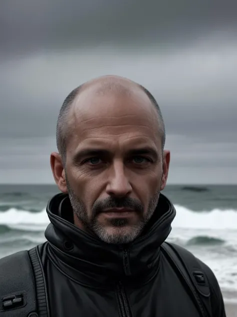 dystopianx style,photo of 42 y.o man in black clothes,bald,face,half body,body,high detailed skin,skin pores,coastline,overcast weather,wind,waves,8k uhd,dslr,soft lighting,high quality,film grain,Fujifilm XT3,