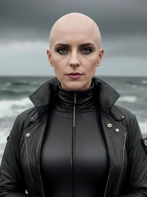 dystopianx style,photo of 32 y.o woman in black clothes,bald,face,half body,body,high detailed skin,skin pores,coastline,overcast weather,wind,waves,8k uhd,dslr,soft lighting,high quality,film grain,Fujifilm XT3,