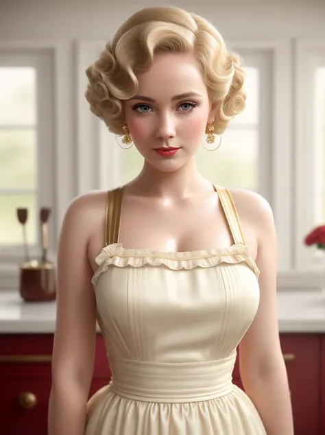 wearing a milk maid dress, (red and gold milk maid dress), (upright pin curl hairstyle), (blonde hair), (kitchen background), elegant, highly detailed, digital painting, smooth, sharp focus,charlie bowater and alexandra fomina,8k,((detailed facial features)),((sweaty)),8k uhd,dslr,soft lighting,high quality,film grain,Fujifilm XT3,