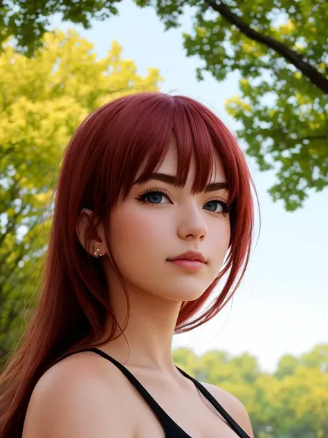portrait, red head sonicedges_rias_gremory,extremely detailed face,outdoors,cloudy weather,Trees,flowers,summer,(off shoulder),