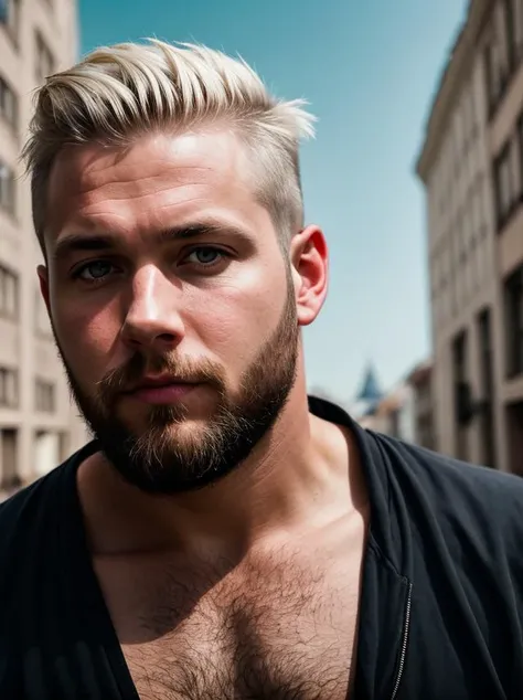 russian man,overweight,short hair,Beard,platinum blonde,bright blue eyes,detailed face,contrast complex moskou city background,hyperrealistic,highly detailed,cinematic lighting,
realistic photo,documentary film frame,realistic lighting,realistic effects,sepia,