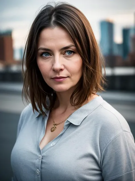 russian woman 40 y.o,overweight,short hair,Beard,blonde,bright blue eyes,detailed face,contrast complex moskou city background,hyperrealistic,highly detailed,cinematic lighting,
realistic photo,documentary film frame,realistic lighting,realistic effects,sepia,