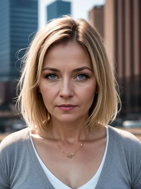 russian woman 40 y.o,overweight,short hair,Beard,blonde,bright blue eyes,detailed face,contrast complex moskou city background,hyperrealistic,highly detailed,cinematic lighting,
realistic photo,documentary film frame,realistic lighting,realistic effects,sepia,