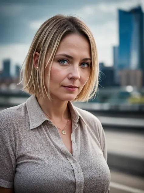 russian woman 40 y.o,overweight,short hair,Beard,blonde,bright blue eyes,detailed face,contrast complex moskou city background,hyperrealistic,highly detailed,cinematic lighting,
realistic photo,documentary film frame,realistic lighting,realistic effects,sepia,