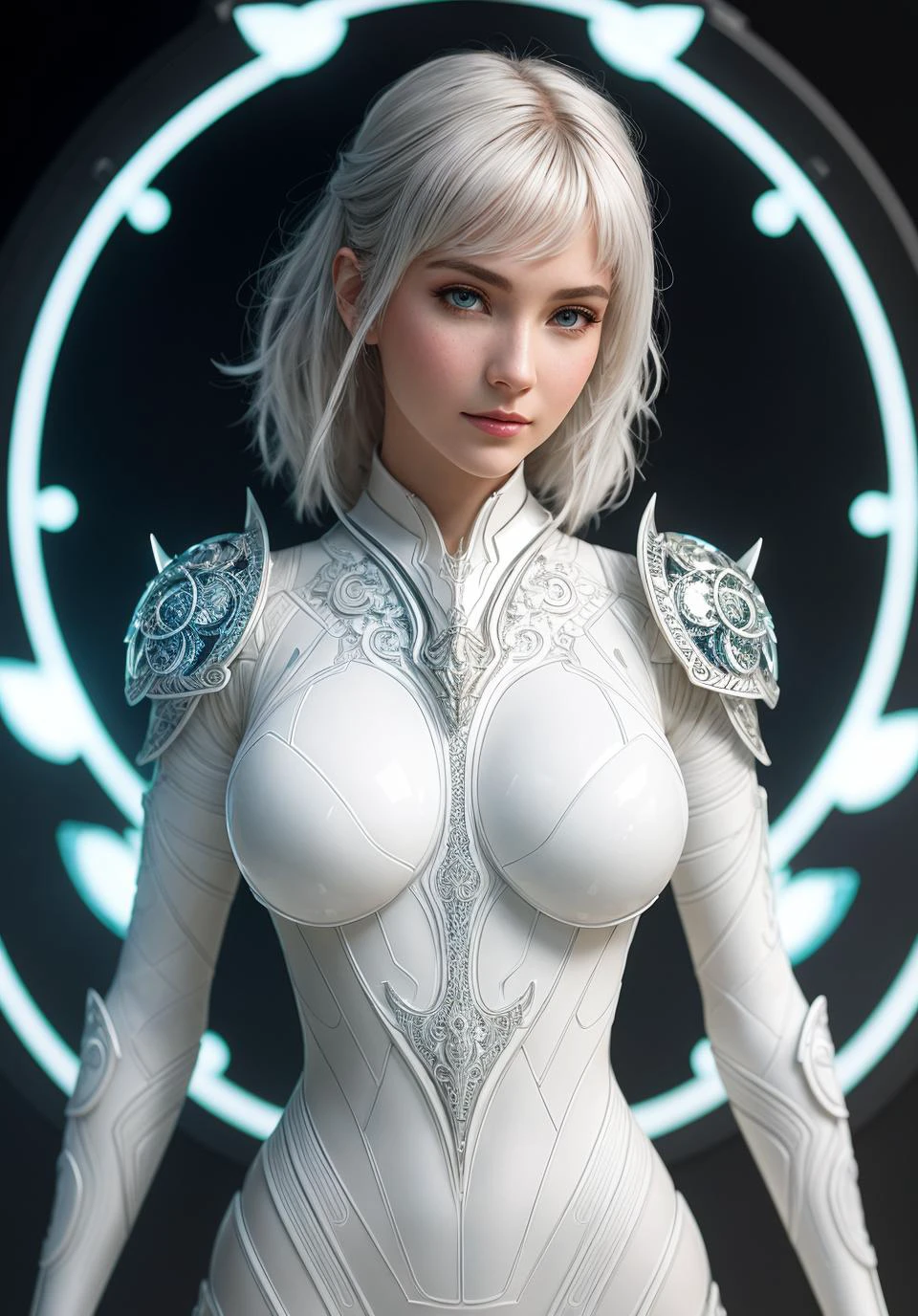 detailed,organic cyborg,white plastic,neon illumination body,diffuse lighting,fantasy,dynamic pose,intricate,elegant,highly detailed,lifelike,photorealistic,digital painting,artstation,smooth,sharp focus,art by John Collier and Albert Aublet and Krenz Cushart and Artem Demura,(intricate details:1.12),hdr,(intricate details, hyperdetailed:1.15),