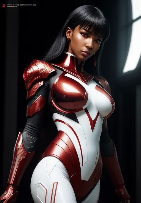 cyborg,red plastic,black skin,white body,diffuse lighting,fantasy,dynamic pose,intricate,elegant,lifelike,photorealistic,digital painting,artstation,smooth,sharp focus,art by John Collier and Albert Aublet and Krenz Cushart and Artem Demura,(intricate details:1.12),hdr,PlanIt,