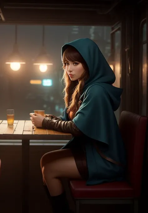 Style-RustMagic award winning photo of a ((solo)) ((beautiful)) woman adventurer wearing a cloaked hood, sitting in a futuristic restaurant, sitting in a booth with food, robot waitress, long maroon hair, curious, beautiful, night rain, overgrown ruined city, intricate details, blurry_background, determined, raining, natural lighting, from side, solo, highly detailed 8k character concept portrait studio lighting by Annie Leibovitz and Steve McCurry octane render trending on artstation made in Maya 4K high quality digital painting dramatic lighting, smiling, pensive, looking away, close up, dystopian city, post-apocalypse city