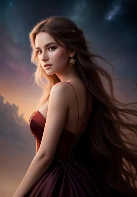 Style-NebMagic, award winning character concept art the Belle from Beauty in the Beast, solo, dark brown_hair, beautiful gossamer shimmer gown that is multicolored, brown eyes, smile, cleavage, large_breasts, lips, wavy hair ,looking_at_viewer, eyelashes, solo, full body, highly detailed 8k character concept portrait studio lighting by Annie Leibovitz and Steve McCurry octane render trending on artstation made in Maya 4K high quality digital painting dramatic lighting,