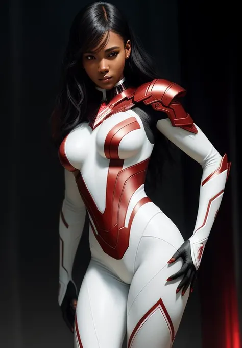 cyborg,red plastic,black skin,white body,diffuse lighting,fantasy,dynamic pose,intricate,elegant,lifelike,photorealistic,digital painting,artstation,smooth,sharp focus,art by John Collier and Albert Aublet and Krenz Cushart and Artem Demura,(intricate details:1.12),hdr,PlanIt,