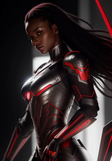cyborg,red plastic,black skin,white body,diffuse lighting,fantasy,dynamic pose,intricate,elegant,lifelike,photorealistic,digital painting,artstation,smooth,sharp focus,art by John Collier and Albert Aublet and Krenz Cushart and Artem Demura,(intricate details:1.12),hdr,PlanIt,