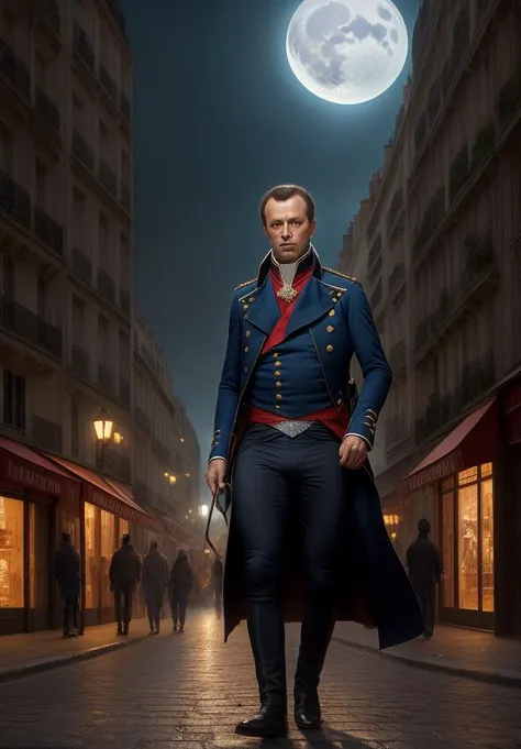 award winning closeup portrait Photo of Napoleon walking in 1800s Paris street, backlit, digital painting, concept art, smooth, sharp focus, rule of thirds, dark fantasy,intricate details, art by aleksi briclot and Greg Rutkowski, medium shot, Style by Style-Empire, moonlit street