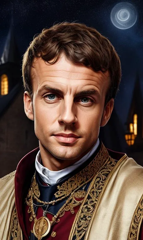 Emmanuel Macron, medieval theme, tempting look, seducing , nijistyle, (((masterpiece))), ((best quality)), ((intricate detailed)), ((Hyperrealistic)), god attributes cloths, bracers, pauldrons, perspective, detailed background, at god temple, nightview ,fierce look, looking at the viewer, from the front