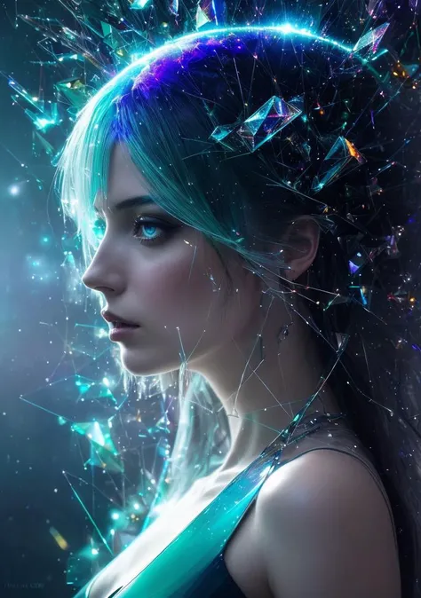 profile, a (Eva Green:0.5) in crystal sculpture, glass glitch,light diffraction, caustics, (blur glitch as delirium from sandman, dramatic lighting, abstract Expressionism:1.2)(by Ismail Inceoglu:1.1), slate gray atmosphere, 8k fantasy, a brutalist designed, vivid colours, romanticism