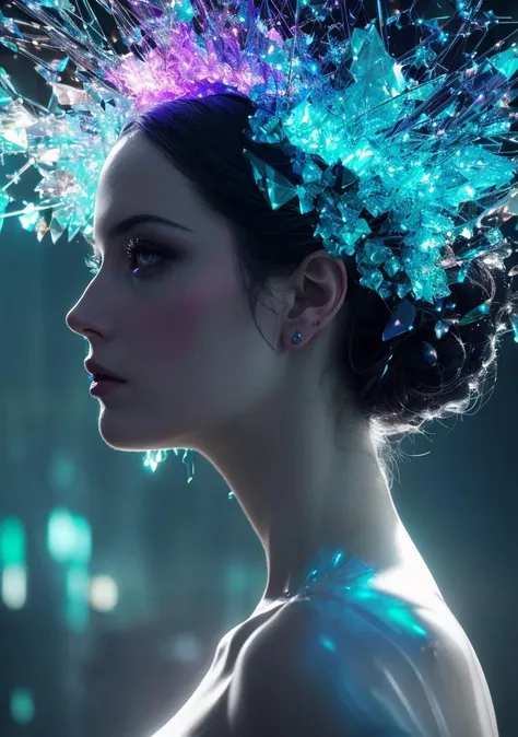 profile, a (Eva Green:0.5) in crystal sculpture, glass glitch,light diffraction, caustics, (blur glitch as delirium from sandman, dramatic lighting, abstract Expressionism:1.2)(by Ismail Inceoglu:1.1), slate gray atmosphere, 8k fantasy, a brutalist designed, vivid colours, romanticism