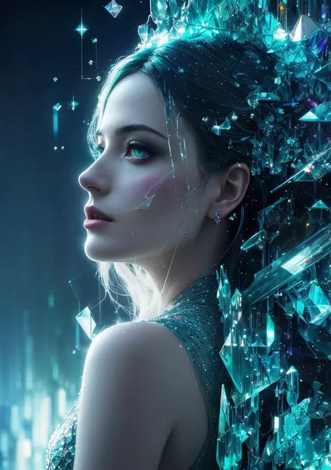 profile, a (Eva Green:0.5) in crystal sculpture, glass glitch,light diffraction, caustics, (blur glitch as delirium from sandman, dramatic lighting, abstract Expressionism:1.2)(by Ismail Inceoglu:1.1), slate gray atmosphere, 8k fantasy, a brutalist designed, vivid colours, romanticism