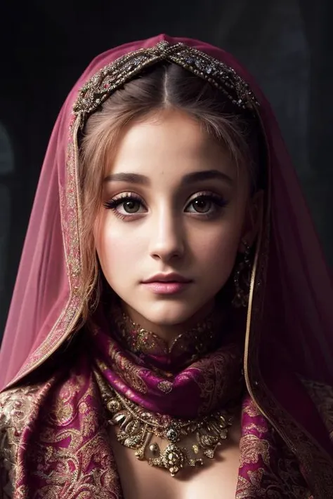 resolution,Intricate portrait of a beautiful Ariana Grande,triadic colors,8k,illuminated by warm litted candles,with a backdrop of eerie dungeion . stunning interpretive visual,maximalist scarf and veil. f1.0lens,tilt-shift,shalllow DOF. dramatic lighting. chiaroscuro,