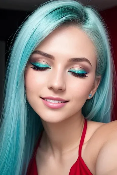 photorealistic,ultra realistic,glowing cyan hair,closed eyes,21 year old woman,sparkling starburst green eyes,red theme,eyeshadow,mascara,smile,straight white teeth,realistic skin texture,skin pores,shiny skin,selfie,red dress,photo shoot,red background,alluring,attractive,amazing photograph,masterpiece,best quality,