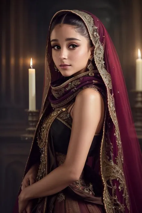 RAW photo,highest quality,resolution,Intricate portrait of a beautiful Ariana Grande,triadic colors,8k,illuminated by warm litted candles,with a backdrop of eerie dungeion . stunning interpretive visual,maximalist scarf and veil. f1.0lens,tilt-shift,shalllow DOF. dramatic lighting. chiaroscuro,