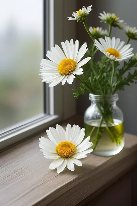 Chamomile flower on the windowsill, flower_style