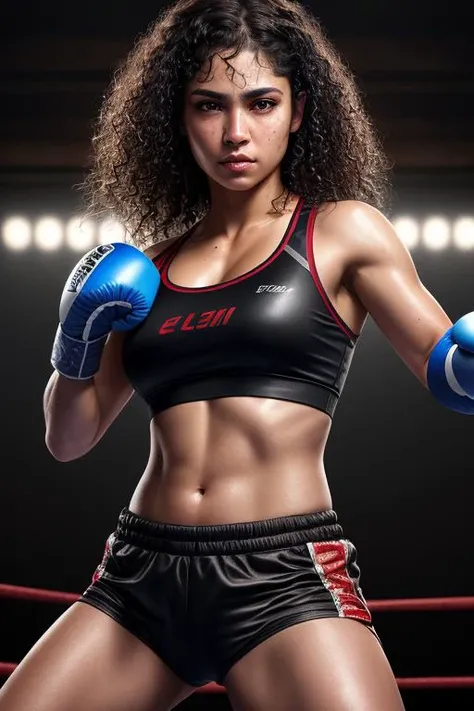 photo portrait shot at 8k resolution, fantastic, photorealistic, anatomical realistic digital painting portrait of a latina fighter, sports clothes, sweat, bruises, scars, (long curly black hair:1.1), (boxing ring:1.3), light particle, analog, very detailed skin, very detailed eyes, (elden ring style:1.3), concept artist, global illumination, shallow depth of field