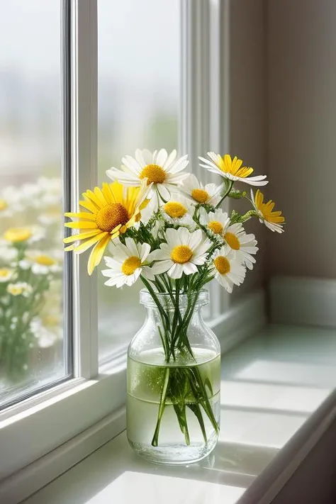 Chamomile flower on the windowsill,flower_style,Style-Glass,