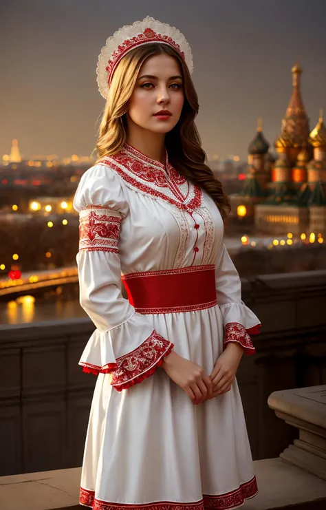 slavic girl,of beautiful russian lady,white dress with red ornate frills,<lora:sxz-slavic-fantasy:0.5>,contrast complex moskou city background,hyperrealistic,highly detailed,cinematic lighting,realistic photo,documentary film frame,realistic lighting,realistic effects,sepia,