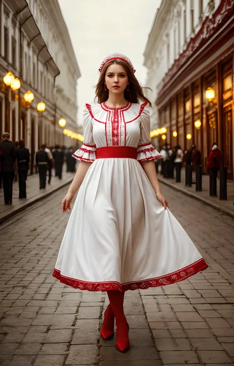 slavic girl,of beautiful russian lady,white dress with red ornate frills,<lora:sxz-slavic-fantasy:0.5>,contrast complex moskou city background,hyperrealistic,highly detailed,cinematic lighting,realistic photo,documentary film frame,realistic lighting,realistic effects,sepia,
