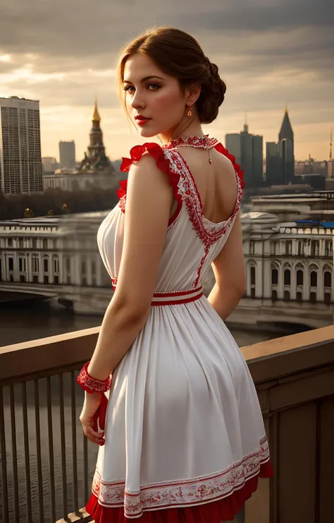 slavic girl,of beautiful russian lady,white dress with red ornate frills,<lora:sxz-slavic-fantasy:0.5>,contrast complex moskou city background,hyperrealistic,highly detailed,cinematic lighting,realistic photo,documentary film frame,realistic lighting,realistic effects,sepia,
