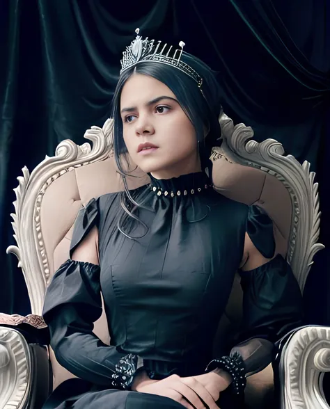 1girl, sutena, beauty, cute, adorable, (angry, pisssed, looking at camera), gothic queen, dress, gothic dress, detailed dress, (high neck dress), crown, gothic crown, sitting on a throne, gothic throne, (symmetry), dark, dark background, simple background, plain background, (black and lime tones), full middle shot, cinematic lighting,<lora:BulanSutenaBra5v:1> <lora:Indonesiadoll-Ver1.0:1>