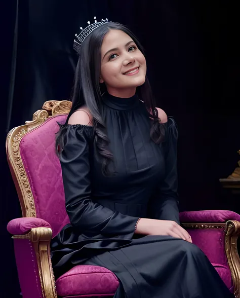 1girl, sutena, beauty, cute, adorable, smile, looking at viewer, gothic queen, dress, high neck dress, sitting on a throne, dark, dark background, simple background, plain background, black and pink tones, full middle shot, cinematic lighting,<lora:BulanSutenaBra5v:1> <lora:Indonesiadoll-Ver1.0:1>