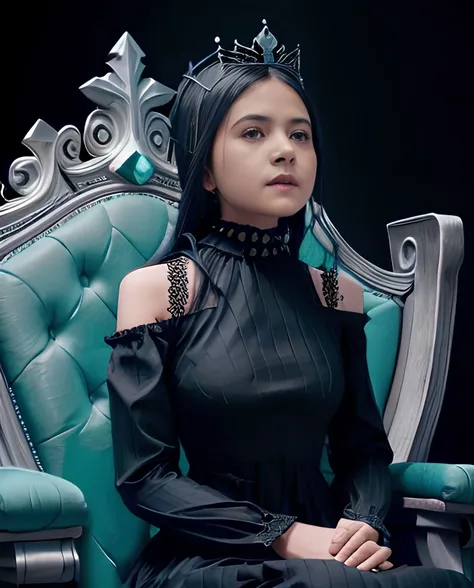 1girl, sutena, beauty, cute, adorable, (looking at camera), gothic queen, dress, gothic dress, detailed dress, ((high neck dress)), crown, gothic crown, sitting on a throne, gothic throne, cyan throne, (symmetry), dark, dark background, simple background, plain background, ((black and cyan tones)), full middle shot, cinematic lighting,<lora:BulanSutenaBra5v:1> <lora:Indonesiadoll-Ver1.0:1>