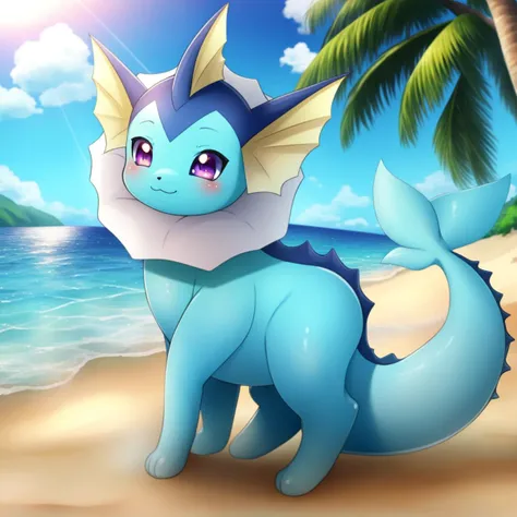 masterpiece, vaporeon, pokemon_(creature), solo, feral, sfw, no_human, smile, at the sea, sunlight, beach, detailed background, detailed