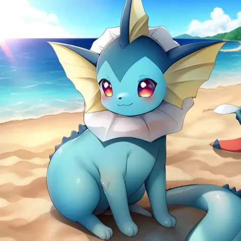 masterpiece, vaporeon, pokemon_(creature), solo, feral, sfw, no_human, smile, at the sea, sunlight, beach, detailed background, detailed