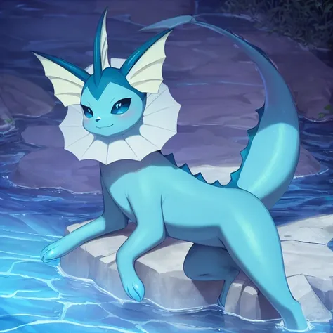 vaporeon,(8k, RAW photo, best quality, masterpiece:1.2), blue skin, pokemon, (pokemon (creature):1.2), (animal:1.3), pussy, nsfw,lewd,black eyes,amphibious, amphibious creature, shiny skin,dog, dog like, fox, posing lewd, anime style, one paw up, embarrassed,(high detailed skin:1.2),dog like, 8k uhd, dslr,(tail:1.1), soft lighting, high quality, masterpiece, best quality, looking at viewer, <lora:vaporeon_epoch6:1>