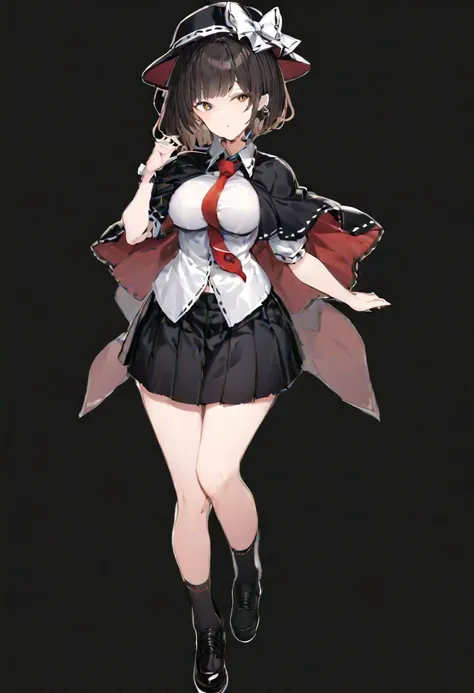 masterpiece, best quality, ultra-detailed, beautiful, nai3, 1girl, solo, full_body, tachi-e,
usami_renko, solo, 1girl, lace, bangs, short_hair, shirt, black_hair, bow, hat, long_sleeves, brown_eyes, skirt, ribbon, white_shirt, brown_hair, hair_bow, medium_breasts, collared_shirt, puffy_sleeves, short_sleeves, necktie, wide_sleeves, book, bowtie, shoes, black_footwear, black_skirt, capelet, black_headwear, socks, white_bow, red_necktie, hat_bow, ribbon-trimmed_sleeves, ribbon_trim, side_ponytail, fedora, black_capelet, cape,