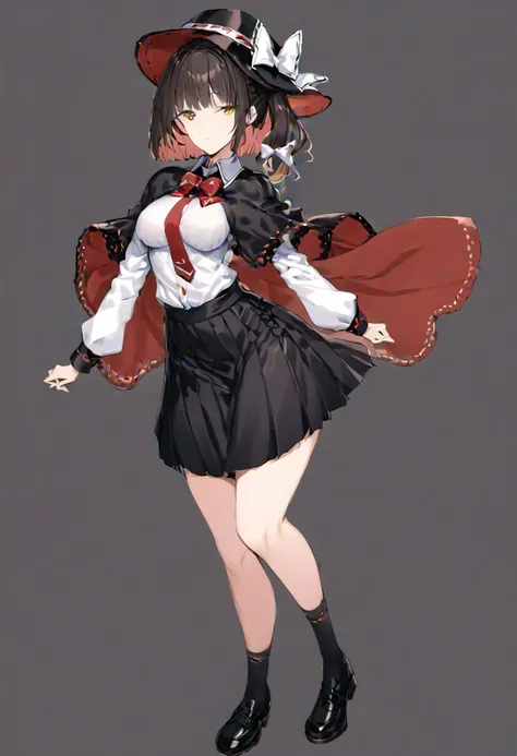 masterpiece, best quality, ultra-detailed, beautiful, nai3, 1girl, solo, full_body, tachi-e, 
usami_renko, solo, 1girl, lace, bangs, short_hair, shirt, black_hair, bow, hat, long_sleeves, brown_eyes, skirt, ribbon, white_shirt, brown_hair, hair_bow, medium_breasts, collared_shirt, puffy_sleeves, short_sleeves, necktie, wide_sleeves, book, bowtie, shoes, black_footwear, black_skirt, capelet, black_headwear, socks, white_bow, red_necktie, hat_bow, ribbon-trimmed_sleeves, ribbon_trim, side_ponytail, fedora, black_capelet, cape,