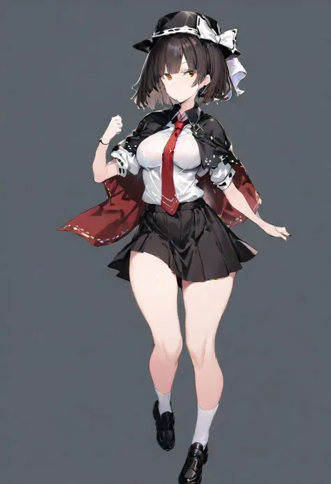 masterpiece, best quality, ultra-detailed, beautiful, nai3, 1girl, solo, full_body, tachi-e,
usami_renko, solo, 1girl, lace, bangs, short_hair, shirt, black_hair, bow, hat, long_sleeves, brown_eyes, skirt, ribbon, white_shirt, brown_hair, hair_bow, medium_breasts, collared_shirt, puffy_sleeves, short_sleeves, necktie, wide_sleeves, book, bowtie, shoes, black_footwear, black_skirt, capelet, black_headwear, socks, white_bow, red_necktie, hat_bow, ribbon-trimmed_sleeves, ribbon_trim, side_ponytail, fedora, black_capelet, cape,