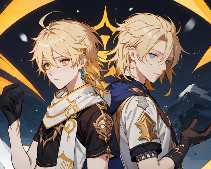 {2boy}, {detailed face, handsome, light smile}, (snow mountain:1.2), extremely detailed CG 8k wallpaper
AND <lora:Aether1-10:0.5> , {aether, blonde hair, yellow eyes, ahoge, long hair, hair between eyes, yellow hair, braid, jewelry, earrings, scarf, single earring, single braid, gloves, short sleeves, white scarf, black gloves, pants, midriff, crop top, navel}
AND <lora:albedo:0.5> , {albedo \(genshin impact\), gloves, blue shirt, blue eyes, shirt, black gloves, short sleeves, bangs, blonde hair}, masterpiece, best quality,