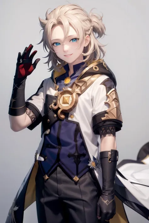 masterpiece, best quality,albedo (genshin impact), 1boy, male focus, gloves, solo, blue shirt, blue eyes, shirt, black gloves, smile, short sleeves, bangs, (grey background:1.4),(kbxll:0.6)