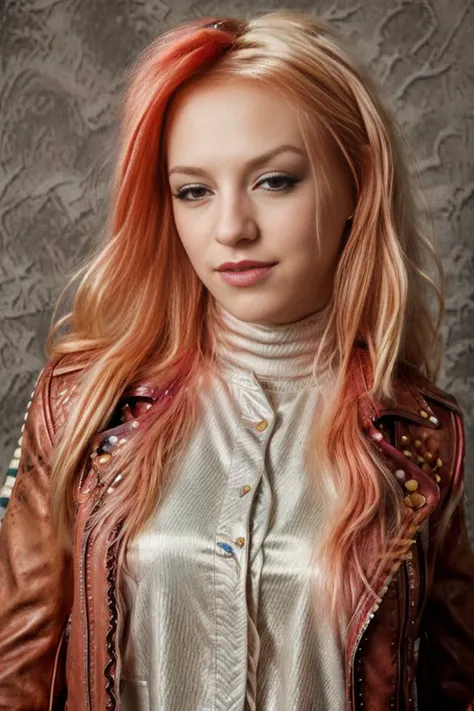 bvin, a highres headshot portrait photo of a 25_year_old_woman, strawberry blonde, pout, leather jacket, white turtleneck, skin texture, background bokeh <lora:bvin4:1>