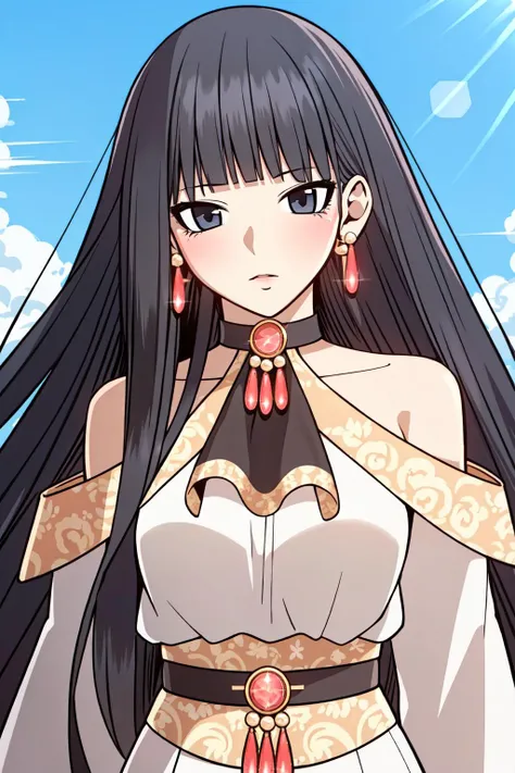 (masterpiece, best quality), intricate details,
1girl, <lora:Luna:0.8> 1girl, solo, black hair, long hair, blunt bangs, grey eyes, blush, off shoulder, white dress, collar, earrings,